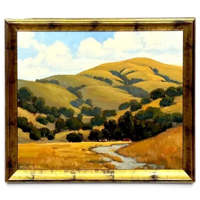 Sale Photo Thumbnail #114: Framed original landscape painting featuring rolling golden hills and a stream, signed 'SOLTESZ' in the lower left corner.