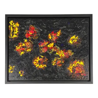 Sale Photo Thumbnail #60: Framed abstract expressionist oil painting featuring textured black brushwork with fiery yellow and red accents.