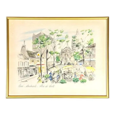 Sale Photo Thumbnail #97: Framed watercolor print depicting Paris Montmartre - Place du Tertre by Janicotte, housed in a thin gold metal frame.