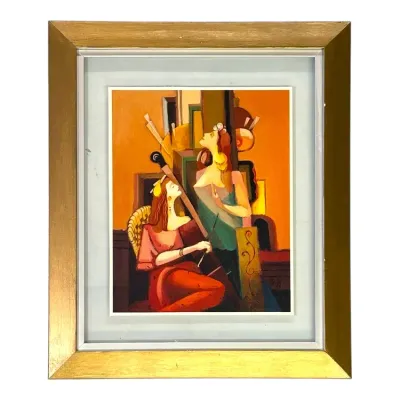 Sale Photo Thumbnail #70: Framed cubist-style painting depicting two women with a stringed instrument, rendered in rich warm tones and set in a metallic gold frame.