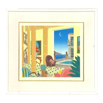 Sale Photo Thumbnail #66: Framed limited edition serigraph by Thomas McKnight depicting a vibrant Mediterranean terrace interior overlooking the sea, pencil-signed and numbered in a white frame.
