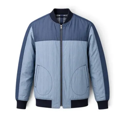 Sale Photo Thumbnail #16: Men's two-tone blue bomber jacket with full zip closure, ribbed collar and cuffs, and subtle vertical stitching details.