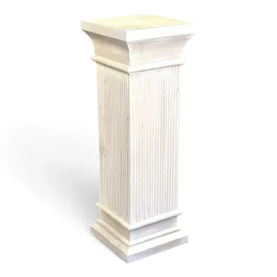 Sale Photo Thumbnail #147: Classic white-washed wooden pedestal column featuring a fluted shaft and a square top and base.