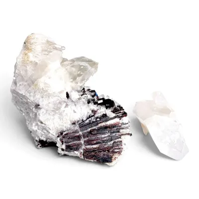 Sale Photo Thumbnail #169: Natural quartz mineral specimen with dark tourmaline matrix inclusions, displayed alongside a separate small quartz crystal point.