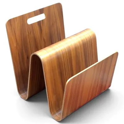 Sale Photo Thumbnail #235: Mid-century modern bent plywood magazine rack with a warm walnut finish and integrated cut-out handle.