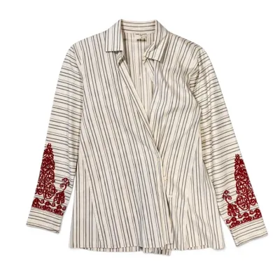 Sale Photo Thumbnail #27: Comme des Garçons striped long-sleeve button-down shirt featuring asymmetrical construction and intricate red embroidery at the cuffs.