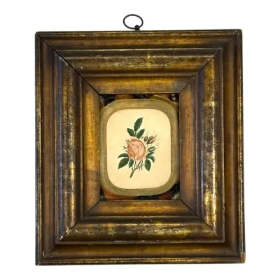 Sale Photo Thumbnail #48: Framed miniature botanical illustration featuring a pink rose, set within an ornate gilded deep-profile wood frame with a top hanging ring.