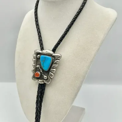 Navajo Silver Turquoise And Coral Sand-cast Bolo Tie 