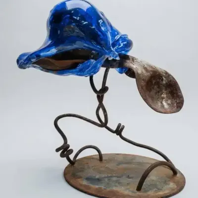 Len Poliandro Cobalt Blue Glass & Iron Mixed-Media Sculpture
