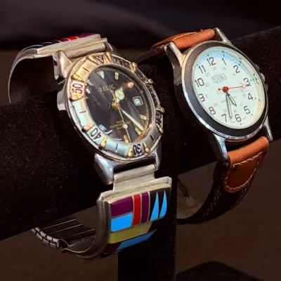 Vintage Men's Watch Southwestern Mosaic Inlay  with Relic Quartz & Field Ranger Military Style 