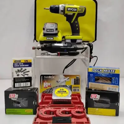 Ryobi Cordless Drill, Dremel & Assorted Hardware Tool Bundle