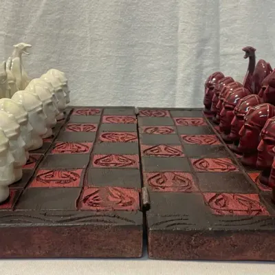 Vintage 1966 Hand-Glazed Ceramic Viking Chess Set with Board