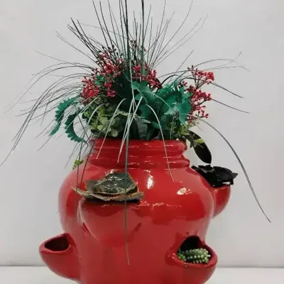 Glazed Red Ceramic Strawberry Planter Pot with Faux Plants & Ceramic Flowers