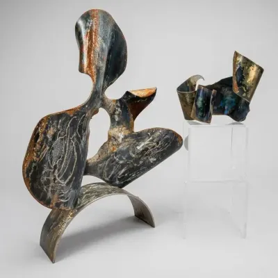 Pair of Original Len Poliandro Abstract Forged Metal & Fused Glass Sculptures