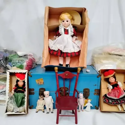 Vintage Doll Collection Lot with Blue Toy Trunk, Miniature Furniture & Accessories