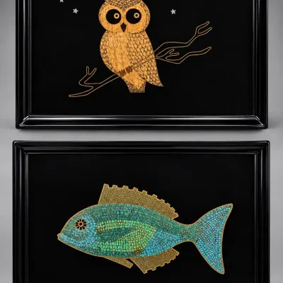 Vintage Couroc of Monterey Inlaid Serving Trays – Owl & Turquoise Fish