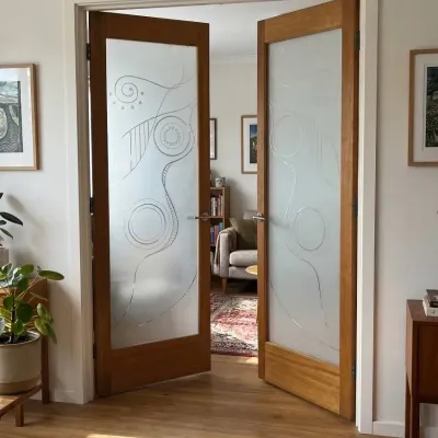 Custom Etched Frosted Glass Folding Bi-Fold Room Doors