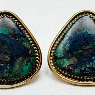 Navajo A.J. Platero Sterling Silver & Azurite Malachite Stud Earrings