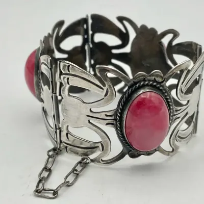 Mexican Silver Hinge Bracelet W/ Pink Accent 
