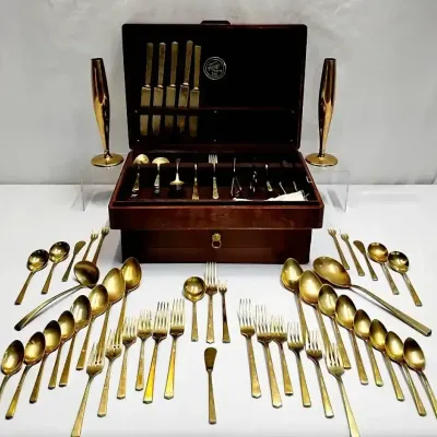 Vintage Dirilyte Flatware Set with Dirigold Vases & Wooden Storage Chests 91 Total Items 