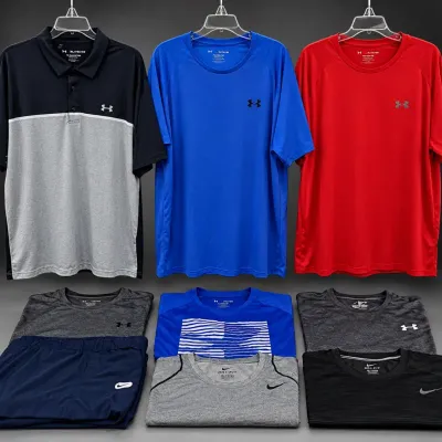 (9) Nike & Under Armour Men's Performance Athletic Shirts 2XL & Nike Cargo Shorts XL