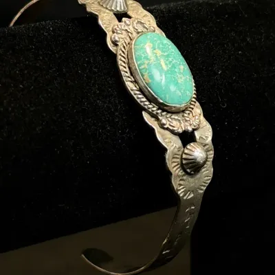 Vintage Fred Harvey Style Sterling Silver & Turquoise Cuff Bracelet 