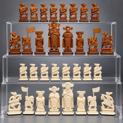 32-Piece Asian Figural Chess Set – Carved-Style Warriors, Elephants & Folding Board/Case