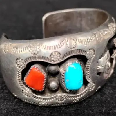 Navajo Wilber Musquet Sterling Silver Turquoise Coral Watch Cuff Bracelet 61g