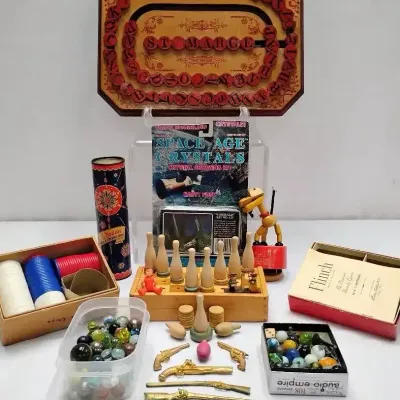 Huge Vintage Toy & Game Lot - 1938 Flinch Card Game, Wooden Skittles, Marbles & More!