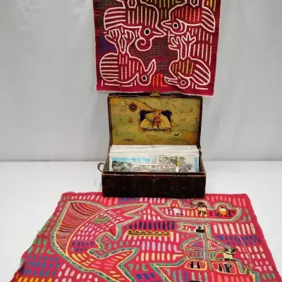Vintage Panama Kuna Guna Mola Hand Applique Folk Art "The Fishermen" & Postcards