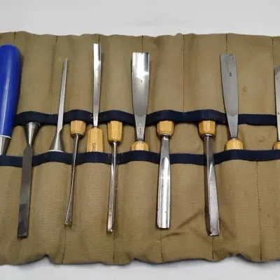 Vintage Swiss Made Wood Carving & Chisel Tool Set in Canvas Roll-Up Storage Case 
