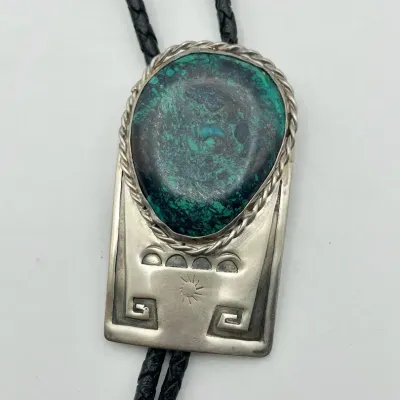 Gorgeous Artisan Silver Turquoise Bolo Tie Stamped JCG