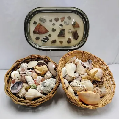 Vintage Framed Native American Pottery Sherd Display Case & Sea Shell Baskets