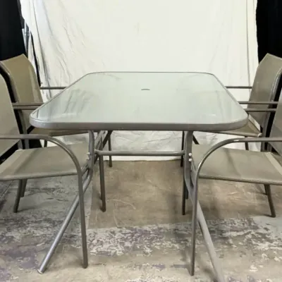 Steel and Glass Patio Dining Set with Mesh Chairs