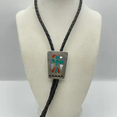 Artisan Silver Inlay Stone Thunderbird Bolo Tie and Accessories 
