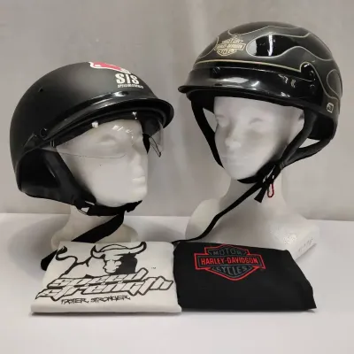 Harley-Davidson & Speed and Strength Half Motorcycle Helmets Lot w/ Bags & Visor