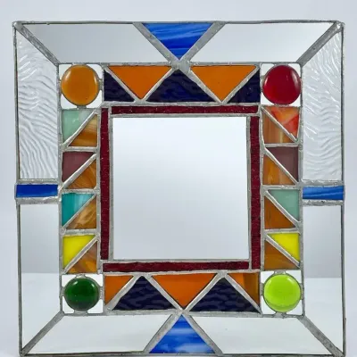 Rustic Geometric Stained Glass & Cabochon Accent Mirror