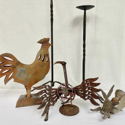 Rustic Cast Metal Art Sculptures And Wrought Iron Candlesticks 