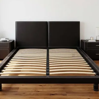 Queen Dark-Brown Leather-upholstered Platform Bed W/ Nightstands 