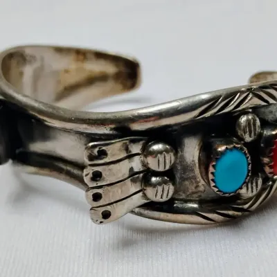 Navajo Phillip Long Sterling Silver Coral & Turquoise Watch Cuff (36g)