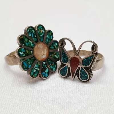 Sterling Silver & Turquoise Chip Inlay Rings W/ MOP & Coral