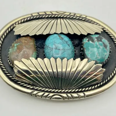 Vintage Navajo Willie Yazzie Sr. Silver 3-Stone Turquoise Belt Buckle