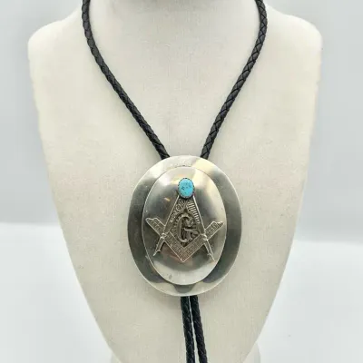 Artisan Silver Turquoise Masonic Bolo Tie 