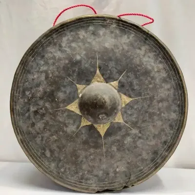 Vintage Asian Nipple Gong with Sunburst Motif & Red Hanging Cords