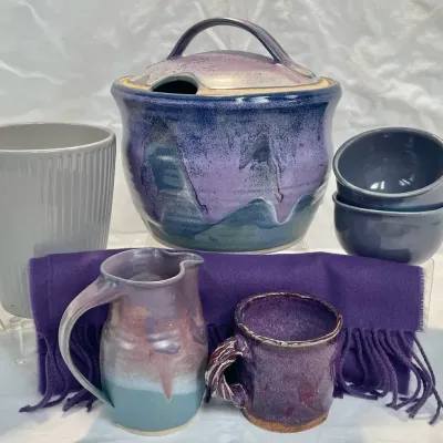 Purple Pottery / Soup Tureen / Signed Pieces / 100% Cashmere Scarf 
