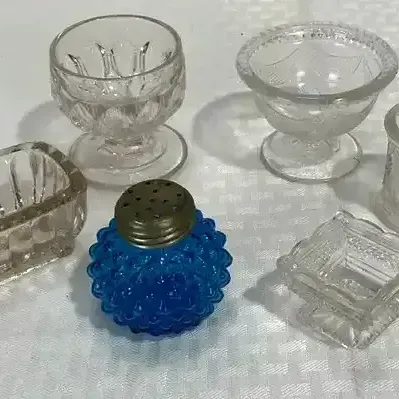 Blue Hobnail Salt Shaker & Pressed Glass Footed Salt Cellars, Miniature Mug