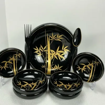 Japanese Black Lacquerware Salad Set, Gold Bamboo Serving Bowl, Bowls & Servers