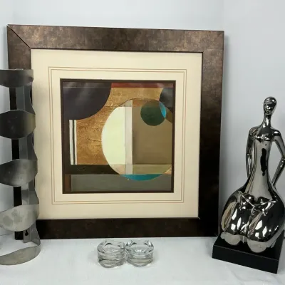 Modern Abstract Framed Art, Chrome Sculpture & Metal Wine Holder