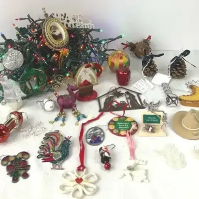 Christmas Ornaments & Multicolor String Lights, Handcrafted Folk & Glass Ornaments