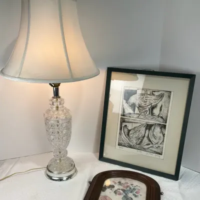 Cut Crystal Table Lamp with Bell Shade, Framed Floral Art & Signed Black and White Print